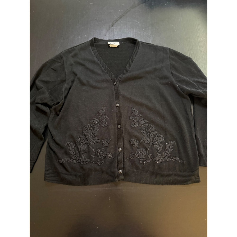 Cricket Lane Womens Black Beaded Floral Cardigan Sweater V-Neck Size Large‎ USA